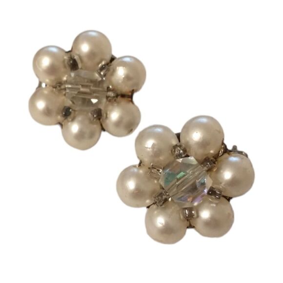 AB Crystal Cluster Earrings Bead JAPAN Faux Pearl Clip-On MCM Aurora Borealis. - Picture 14 of 16